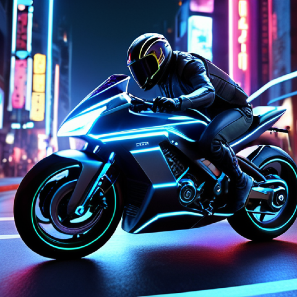 A sleek, futuristic motorcycle speeding through a neon-lit cityscape at night. Focus on the speed and agility of the bike.