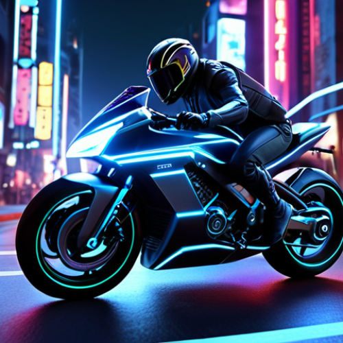 A sleek, futuristic motorcycle speeding through a neon-lit cityscape at night. Focus on the speed and agility of the bike.