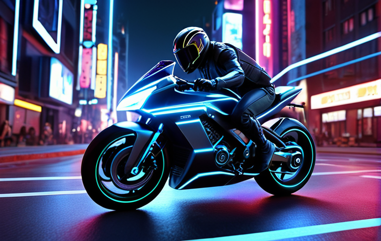 A sleek, futuristic motorcycle speeding through a neon-lit cityscape at night. Focus on the speed and agility of the bike.