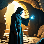 A determined fantasy adventurer, fully clothed in modest, practical battle-ready attire, stands amidst the ethereal glow of an ancient, deep cave, meticulously examining glowing runes on a wall. The scene captures the essence of a hidden treasure hunt, with intricate rock formations and subtle mystical light enhancing the atmosphere.
    *   safe for work, appropriate content, fully clothed, professional, perfect anatomy, correct proportions, natural pose, well-formed hands, proper finger count, natural body proportions, high detail, cinematic lighting, fantasy art style.