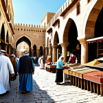 A Thriving Marketplace in a Medieval Arab City**

"A bustling marketplace scene in a medieval Arab city, safe for work, appropriate content. Merchants in traditional, fully clothed attire are selling spices, fabrics, and handcrafted goods. Cobblestone streets, ornate architecture with arches and domes, vibrant colors. Perfect anatomy of people, natural poses, correct proportions, well-formed hands.  Modest clothing, professional digital painting, high resolution, realistic details, sunny day."

**